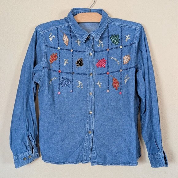 VTG 90s Cabin Creek Women's PXL Denim Button up Leaves Leaf Embroidery Buttons - Picture 1 of 7